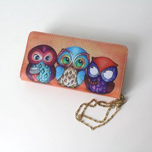 Cute owl print Zip Around Wristlet Wallet small bag chain strap owls
